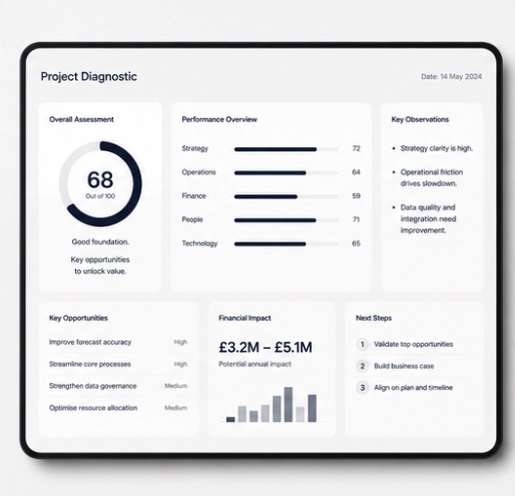 Tablet showing a project diagnostic summary with assessment score, performance overview and key opportunities