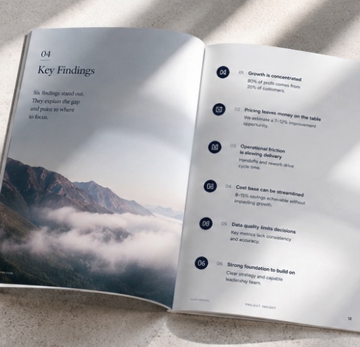 Printed report open on the key-findings spread