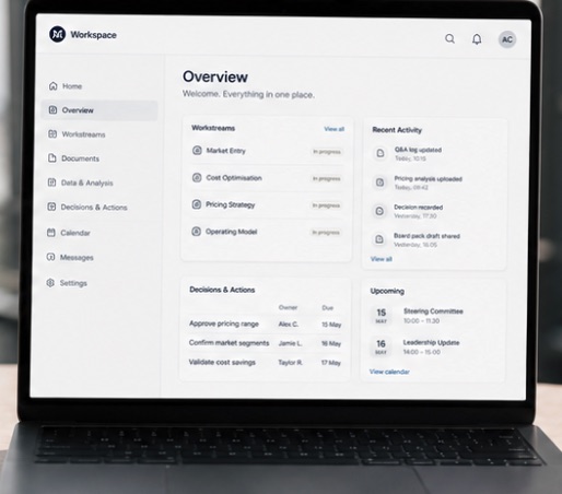Laptop showing the client workspace overview with workstreams, decisions and upcoming sessions