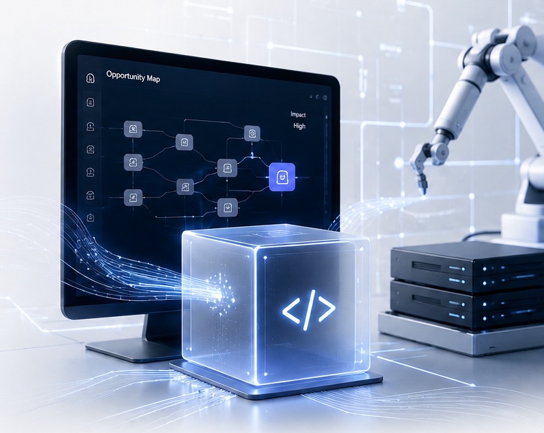 An opportunity map on a monitor feeding a custom AI system under construction